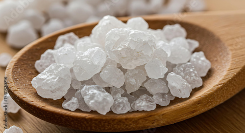 Close-up of coarse salt crystals on wooden spoon, macro kitchen ingredient with mineral texture and detail