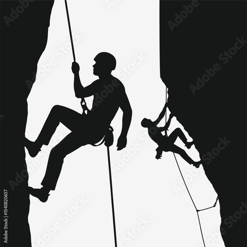 Two climbers silhouettes rappelling and climbing isolated on white background