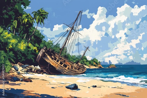 Shipwreck of a sailboat on a tropical island beach with lush greenery and clear skies, Shipwreck on tropical island Old sailboat vector cartoon illustration