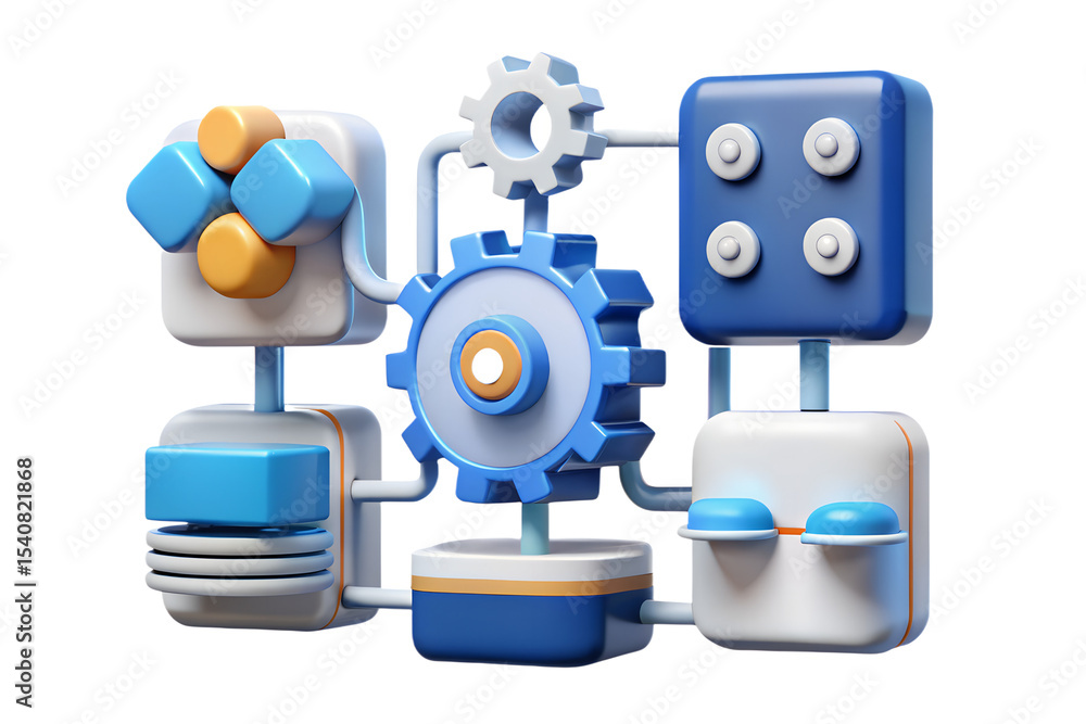 3D Render of Interconnected System Modules and Gears Representing Business Workflow and Technology 3D Render of Interconnected System Modules and Gears Representing Business Workflow and Technology