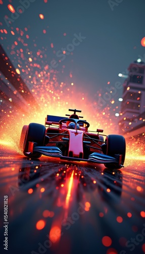 Dynamic view of a formula 1 racing car speeding through a vibrant track, surrounded by sparks and a dramatic background, capturing the thrill of motorsport.