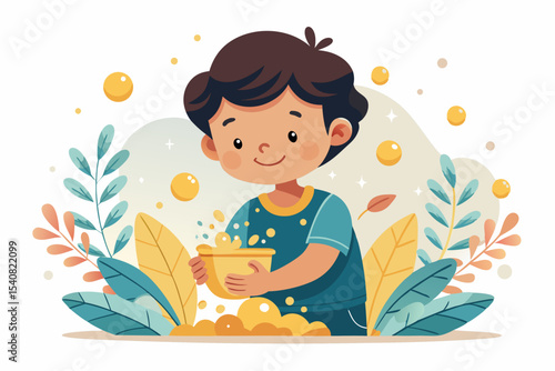 Child happily washing hands under golden rain of glowing drops, on white background with soft glow and floral patterns