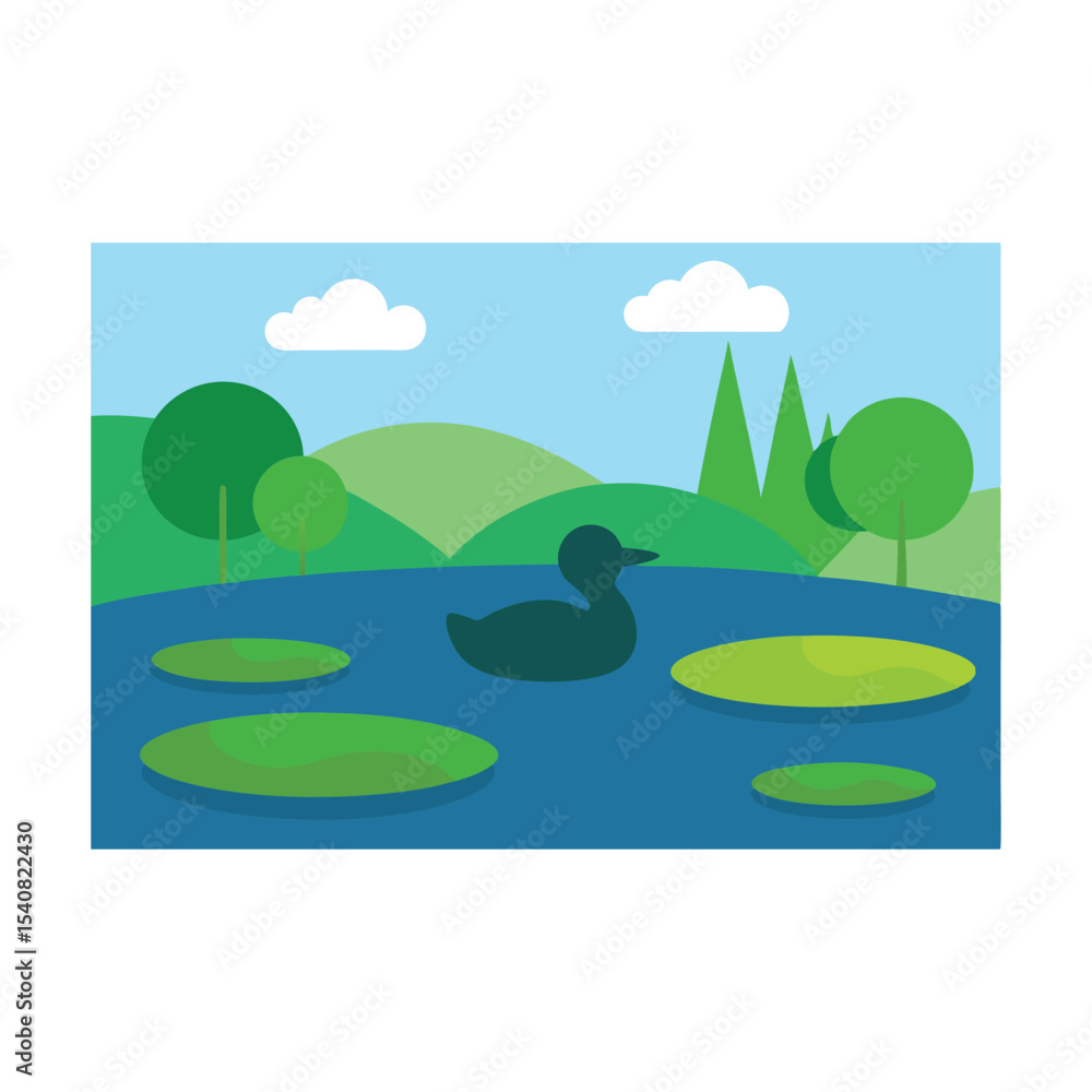 Obraz premium Nature landscape illustration with trees, river, lake, mountains, and green fields under a summer sky with clouds