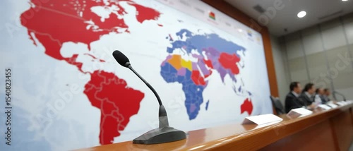 A single gooseneck microphone stands ready on a podium before a vivid political world map. Concept of international dialogue and global policy address.