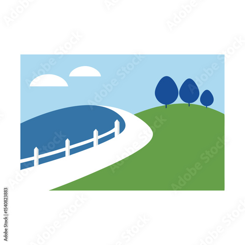Vector landscape of a winding road leading to the city, surrounded by green fields, hills, and a blue sky with fluffy clouds