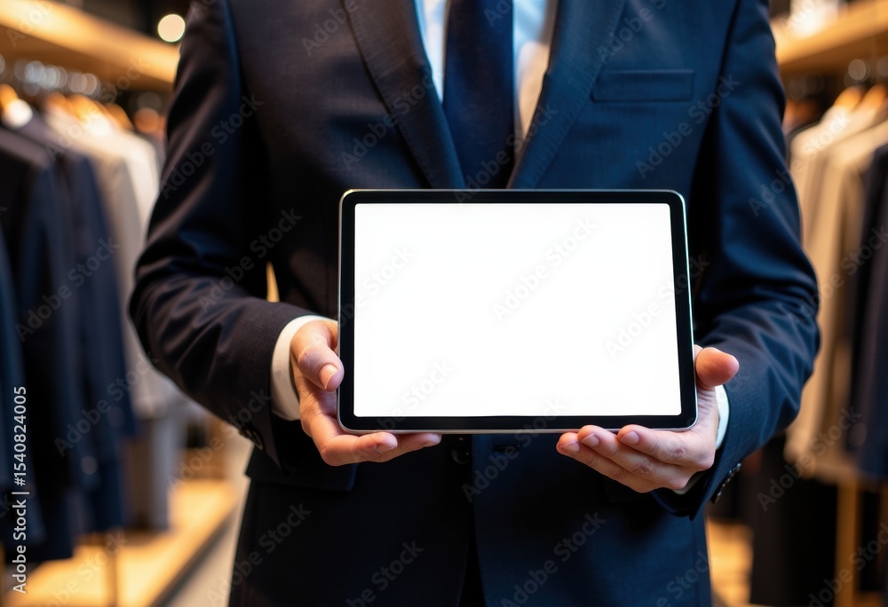 Businessman holding a tablet with a blank screen in a clothing store setting Businessman holding a tablet with a blank screen in a clothing store setting