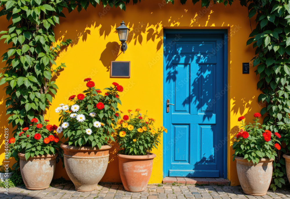 Bright yellow wall with a vibrant blue door and colorful potted flowers outside Bright yellow wall with a vibrant blue door and colorful potted flowers outside