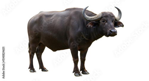 Large Dark Brown Water Buffalo with Curved Horns on Transparent Background