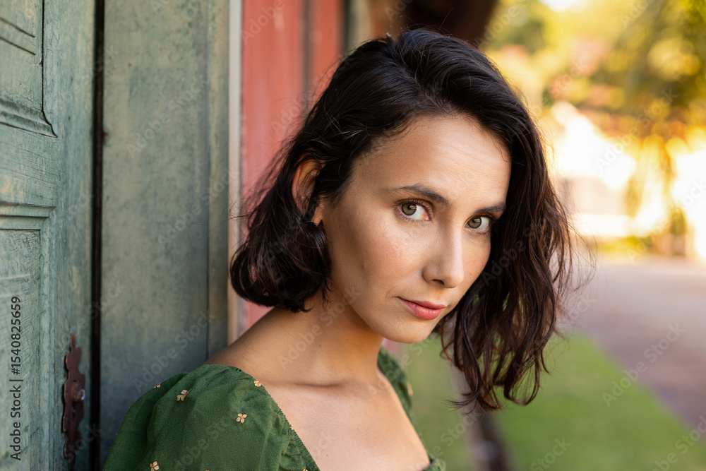Fototapeta premium Portrait of beautiful young woman with short hair and green eyes in front of old house