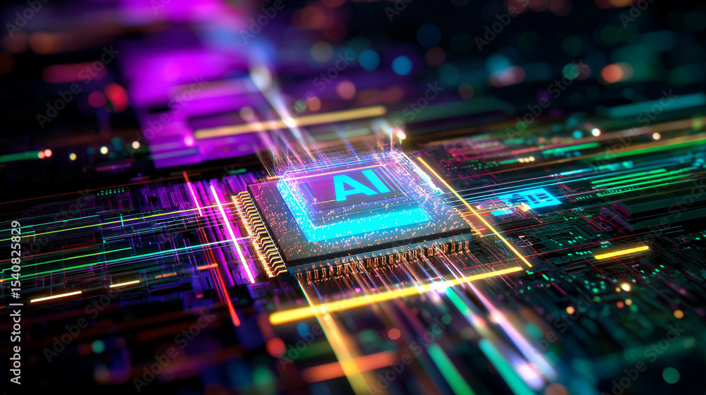 Futuristic glowing AI microchip integrated into a colorful digital circuit board.
Futuristic glowing AI microchip integrated into a colorful digital circuit board.