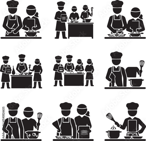 Black and white chef icons cooking and baking with apron hat cooking equipment restaurant symbols