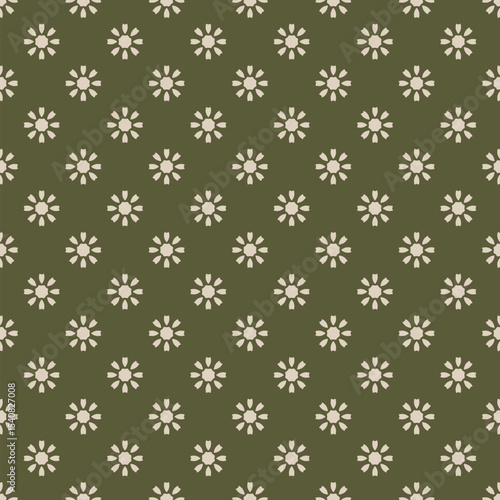 Vector geometric floral seamless pattern. Cute background with small flowers, sun shapes. Retro vintage nostalgic 1960s - 1970s style texture in green and beige color. Repeated decorative geo design