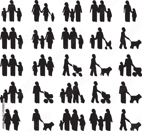 Black silhouettes of families with children people walking pets and baby strollers for various uses