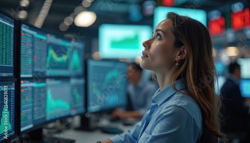Young businesswoman monitors stock market graphs on multiple computer screens. Female trader working at office looking at financial charts. Investor working in trading room. Finance and economy.