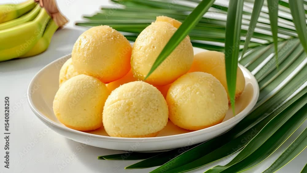 Enjoy a delightful tropical treat featuring smooth, rich flavors served on a plate surrounded by green foliage Enjoy a delightful tropical treat featuring smooth, rich flavors served on a plate surrounded by green foliage