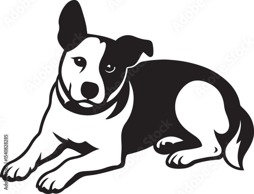 Dog lying down black and white silhouette, Relaxed pet dog minimalist vector