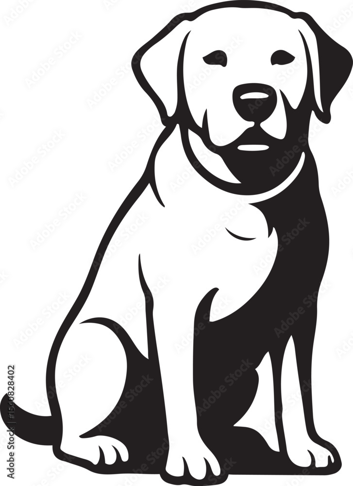 Fototapeta premium Sitting labrador retriever silhouette vector, Calm labrador pet dog black white sketch