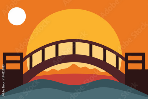 Vibrant vector illustration of an urban steel arch bridge over a river at sunset, highlighting the city skyline and harbor
