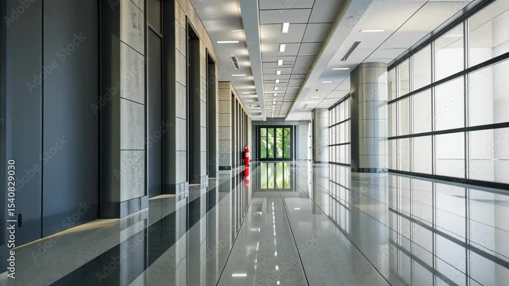 A spacious and well-lit corridor showcases fire extinguishers alongside polished flooring and extensive glass walls A spacious and well-lit corridor showcases fire extinguishers alongside polished flooring and extensive glass walls