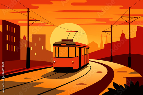 Red tram on a city street: urban public transport for travel and tourism