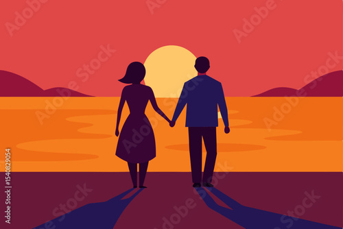 A romantic couple walking hand-in-hand on the beach at sunset, silhouetted against the vibrant sky