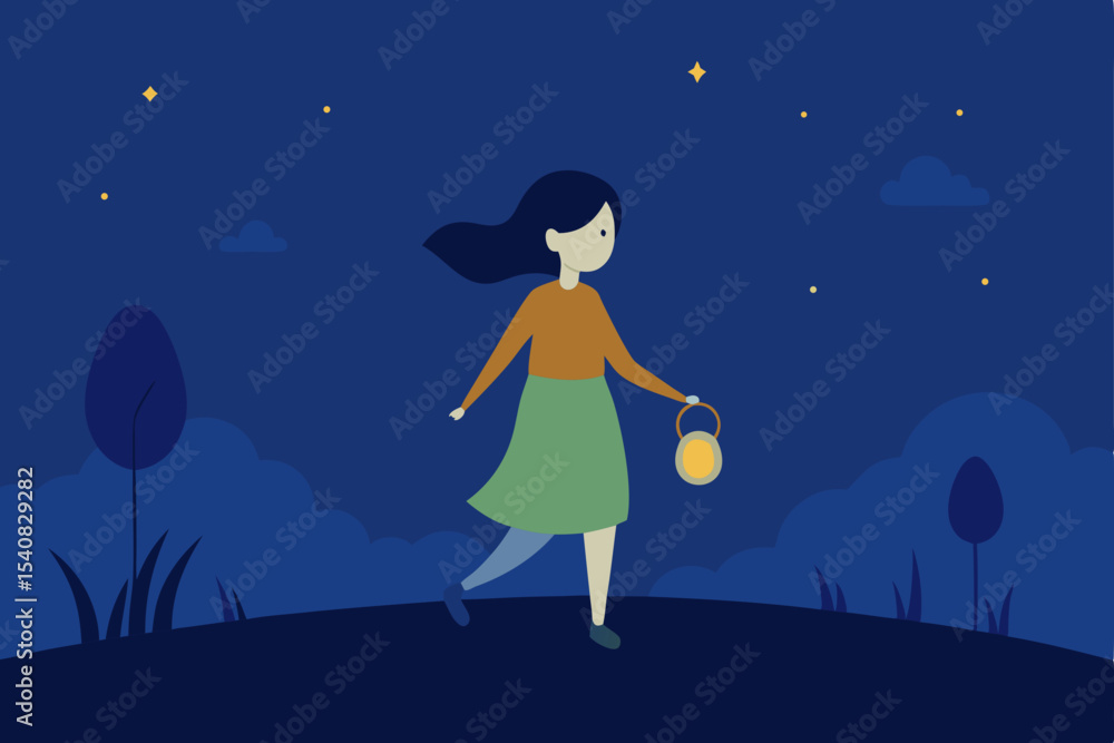 Cartoon girl silhouette with a heart celebrating Christmas night under a starry winter sky Cartoon girl silhouette with a heart celebrating Christmas night under a starry winter sky
