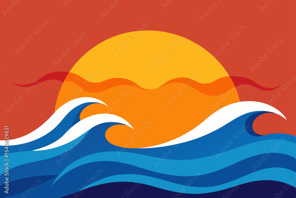 Fototapeta premium Abstract vector illustration of ocean waves with a summer sky and sun, a blue sea background