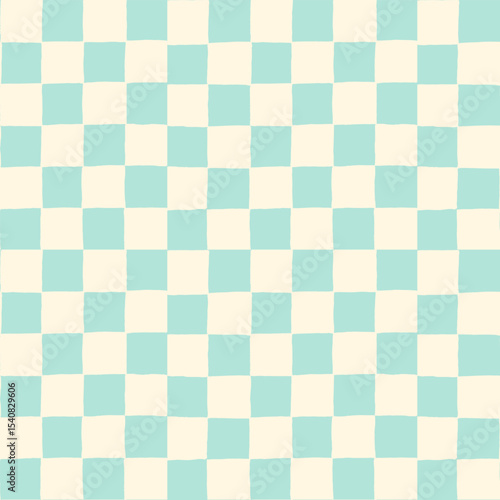 seamless repeating pattern with small hand drawn checkerboard in soft turquoise teal aqua and cream. Stylish summer checker for cosmetics, fabric, classy packaging projects, wallpaper, stationery