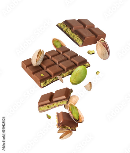 Dubai chocolate with pistachios in the air isolated on white background