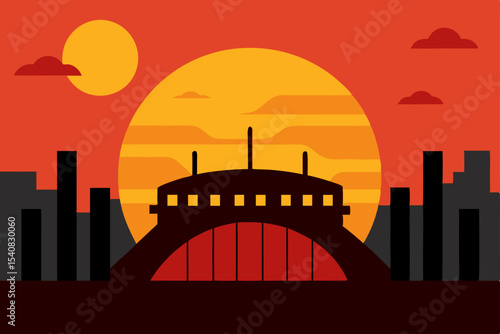 Vector illustration of an urban mosque silhouette at sunset, integrated into a city skyline