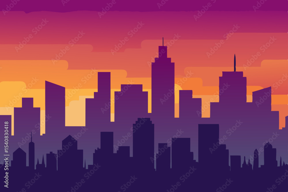 Naklejka premium Urban skyscraper silhouettes against a vibrant sunset sky, featuring iconic cityscapes like Chicago and Seattle