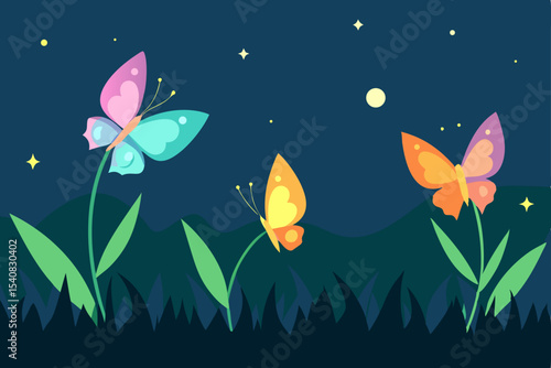 Spring flowers under a night sky, a beautiful vector illustration with butterflies and floral patterns, perfect for cards and summer designs