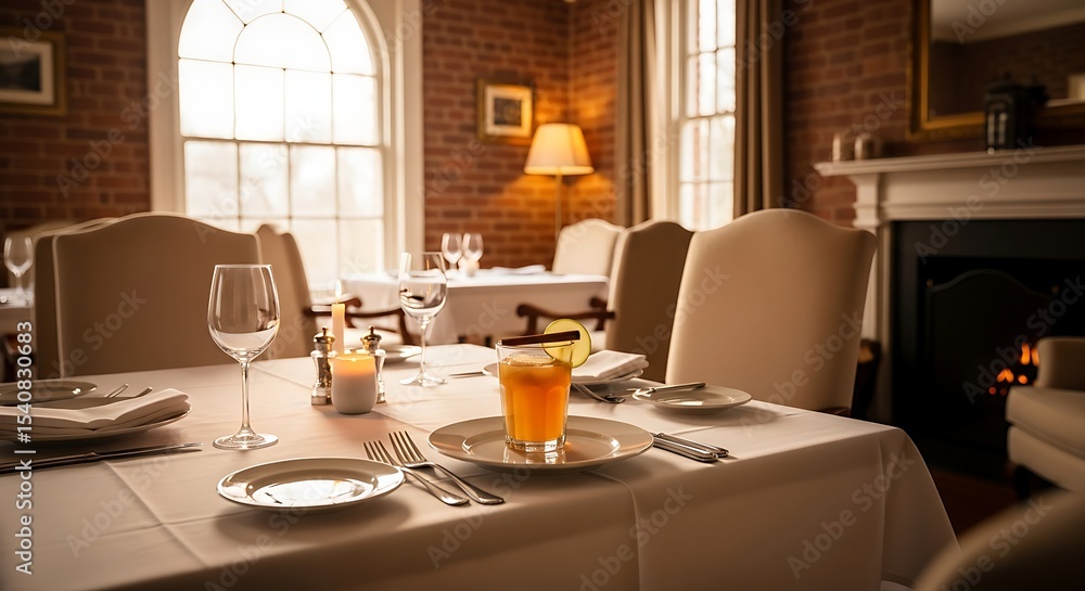 Fototapeta premium Dining Table Setup in Cozy Restaurant Interior Setting with Wine Glasses and Fireplace for Dinner Party or Romantic Evening Gathering