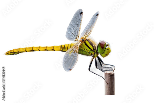 A dragonfly perched on a dewy blade of grass, its wings shimmering in the morning light