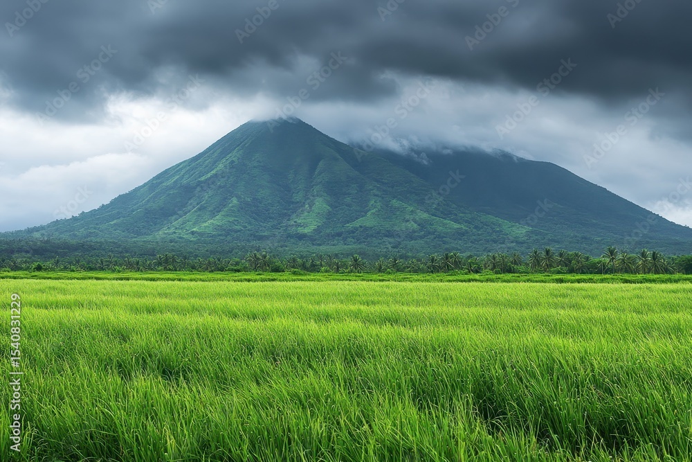 Majestic mountain towers over lush green field under cloudy sky near tropical landscape, picturesque green field with a majestic mountain as a backdrop amidst cloudy and rainy weather Majestic mountain towers over lush green field under cloudy sky near tropical landscape, picturesque green field with a majestic mountain as a backdrop amidst cloudy and rainy weather