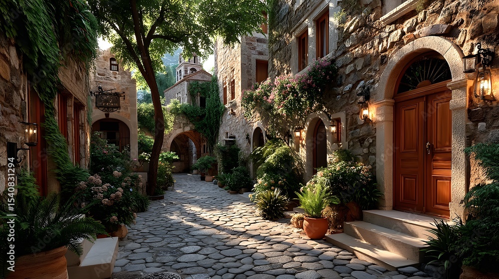 Fototapeta premium Beautiful medieval architecture and cobblestone path high resolution image