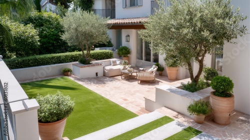 Modern mediterranean courtyard with lush garden and cozy seating area
