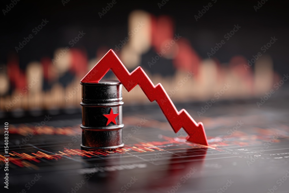 Naklejka premium A symbolic representation of falling oil prices, showing a red arrow decreasing across a stock market style graph, with a barrel marked with a red star.
