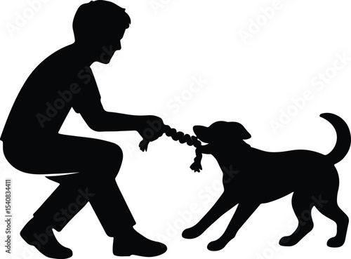 Silhouette man and dog playing tug of war vector illustration