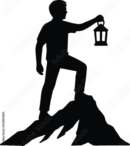 Silhouette man climbing mountain holding lantern vector illustration