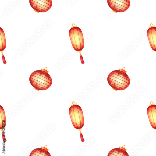  Seamless pattern of traditional Chinese lanterns. Red round and oval paper lanterns with warm glow, arranged diagonally on a white background. Hand-painted watercolor illustration.