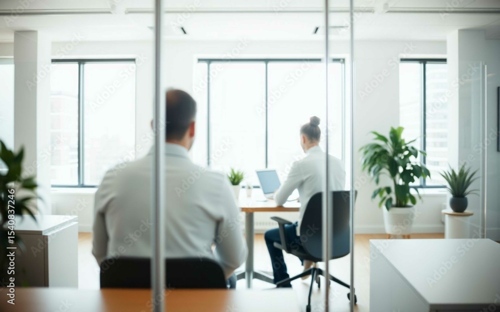 Minimalist modern office with soft blur view through glass, two people working quietly, natural lighting, Scandinavian decor, depth of field and reflections, calm professional space. Minimalist modern office with soft blur view through glass, two people working quietly, natural lighting, Scandinavian decor, depth of field and reflections, calm professional space.