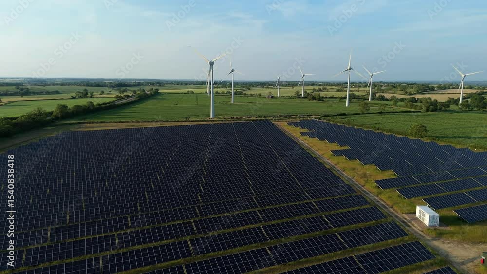 Aerial drone shot solar power panels photovoltaic and wind turbine clean renewable energy theme rural settings England Melton Mowbray Sustainable electricity generation fossil fuels Aerial drone shot solar power panels photovoltaic and wind turbine clean renewable energy theme rural settings England Melton Mowbray Sustainable electricity generation fossil fuels
