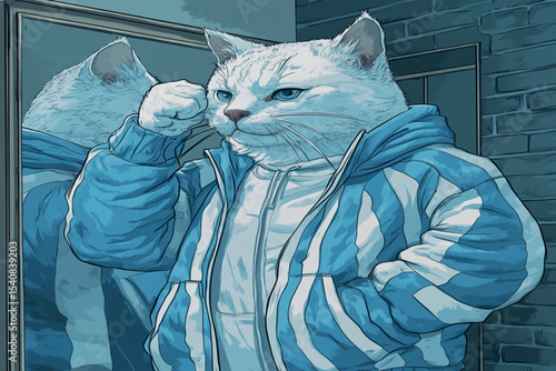 Siamese cat in blue tracksuit, color image
