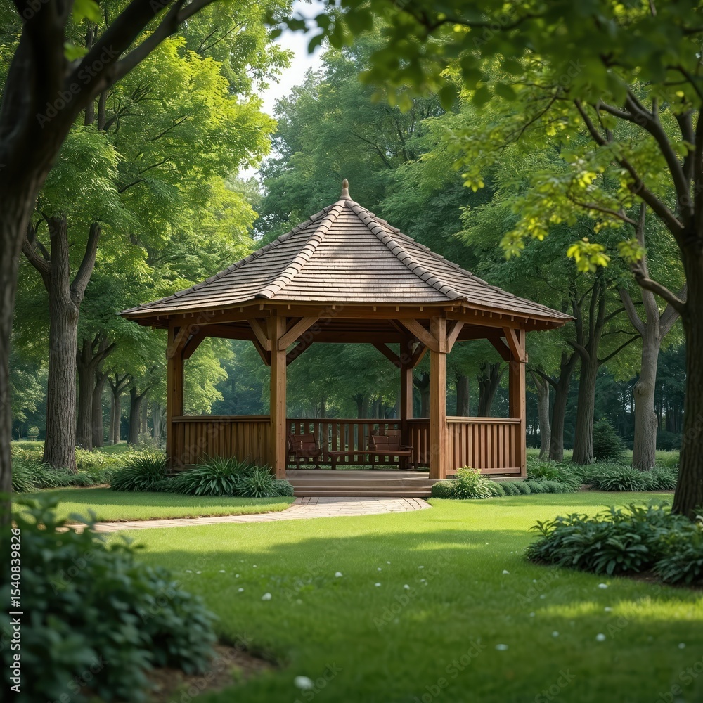 Fototapeta premium Wooden gazebo in green garden with trees. Relaxing place to rest, leisure in nature. Summer sunny day, vacation in park or backyard. Fresh green grass, landscaping design, shade, natural environment.
