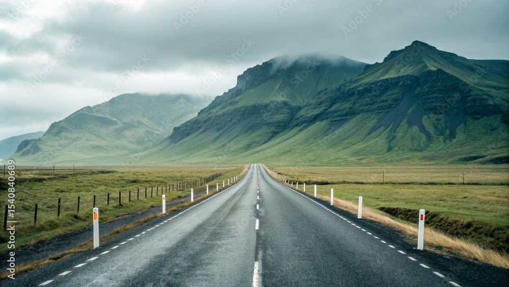 Naklejka premium Asphalt Road Through Icelandic Landscape Long Exposure, Wide Composition, Journey Concept, Iceland Photography Iceland, Landscape Photography