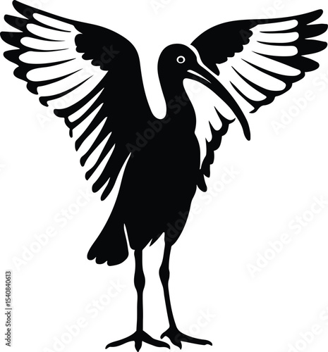 Ibis silhouette with wings spread elegant, Wading bird in flight black white sketch