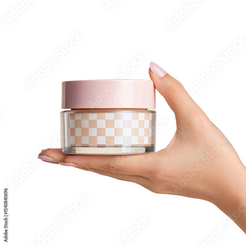 Elegant Pink Cosmetic Jar Held by Hand for Beauty Product Display
