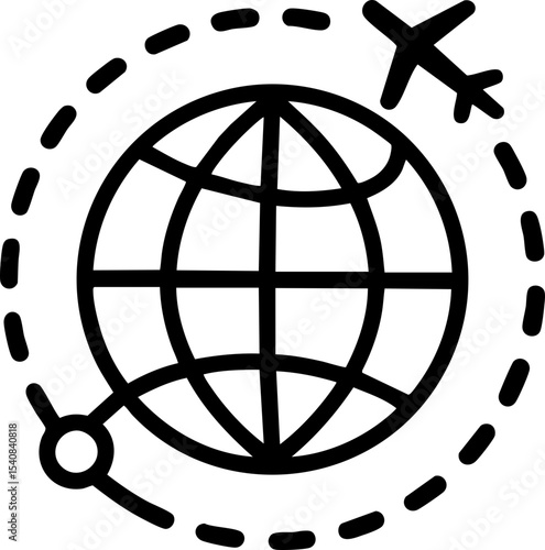 Aviation Industry Concept. Travel icon featuring a globe and an airplane in a dotted circle.