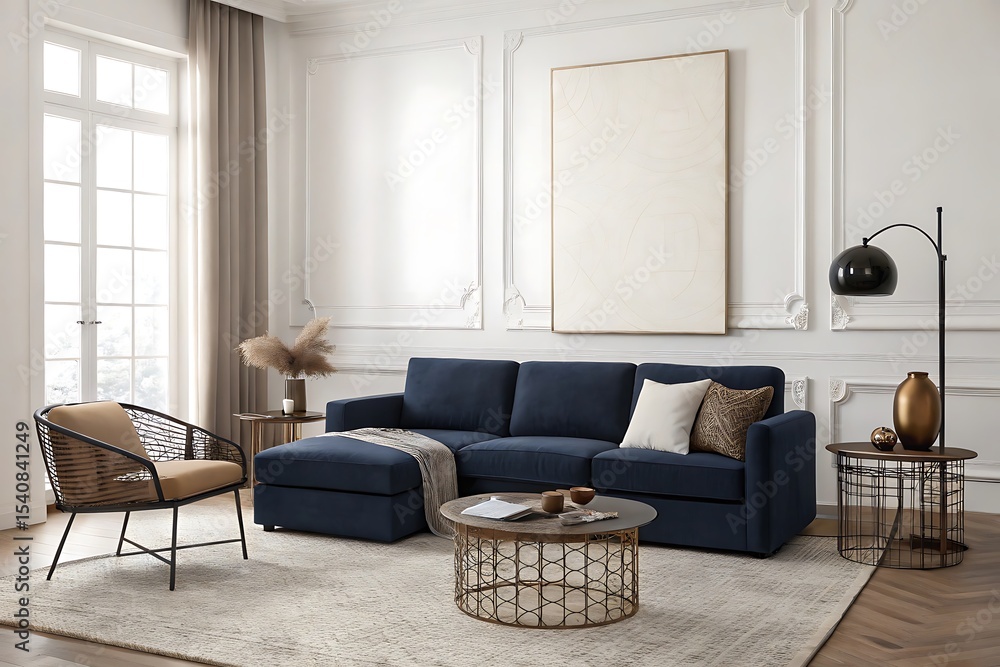 Fototapeta premium Modern navy sectional sofa in elegant living room interior